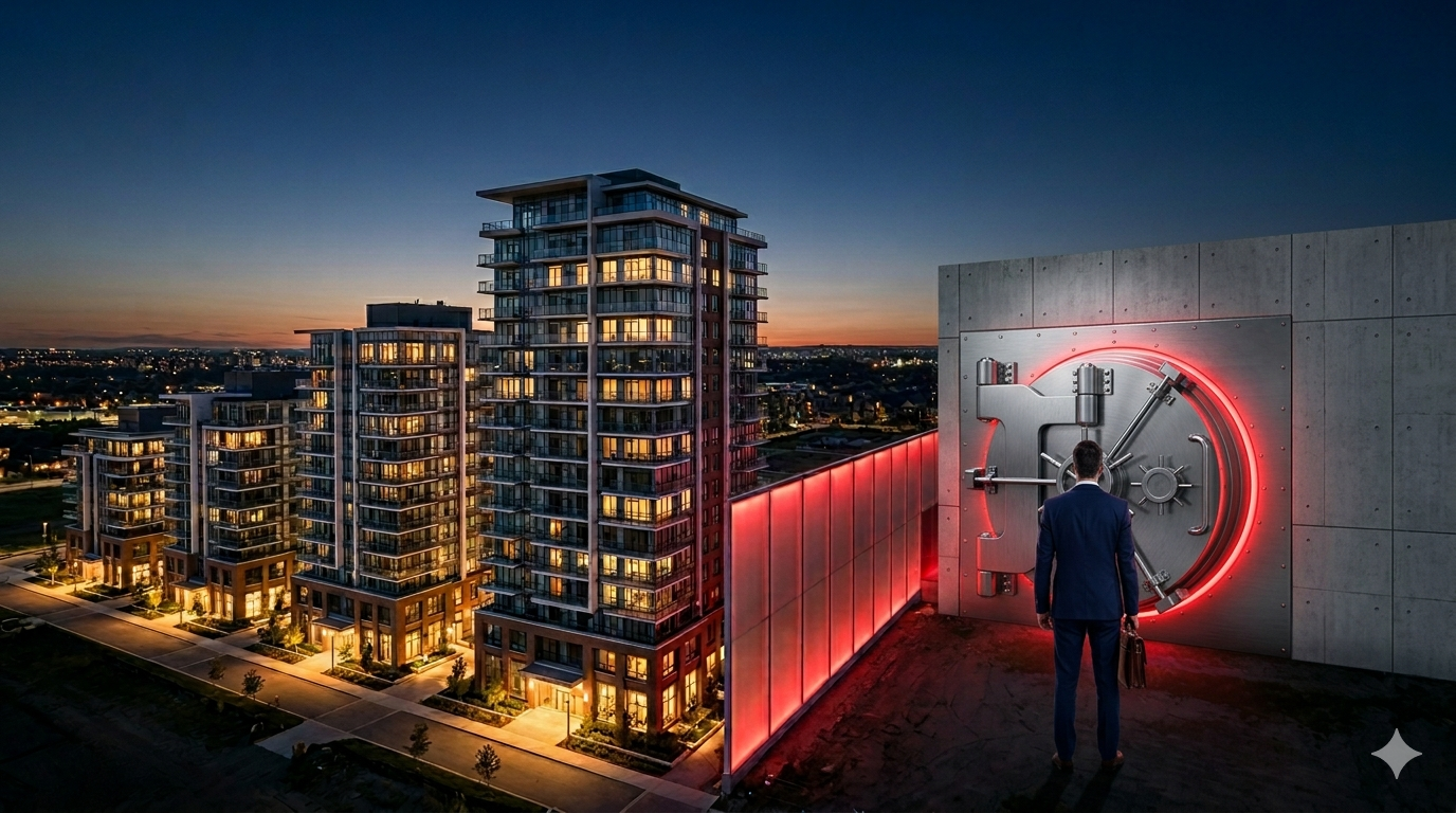 Immobilieninvestor steht vor einem verschlossenen Hausbank-Tresor und bekommt kein Geld mehr